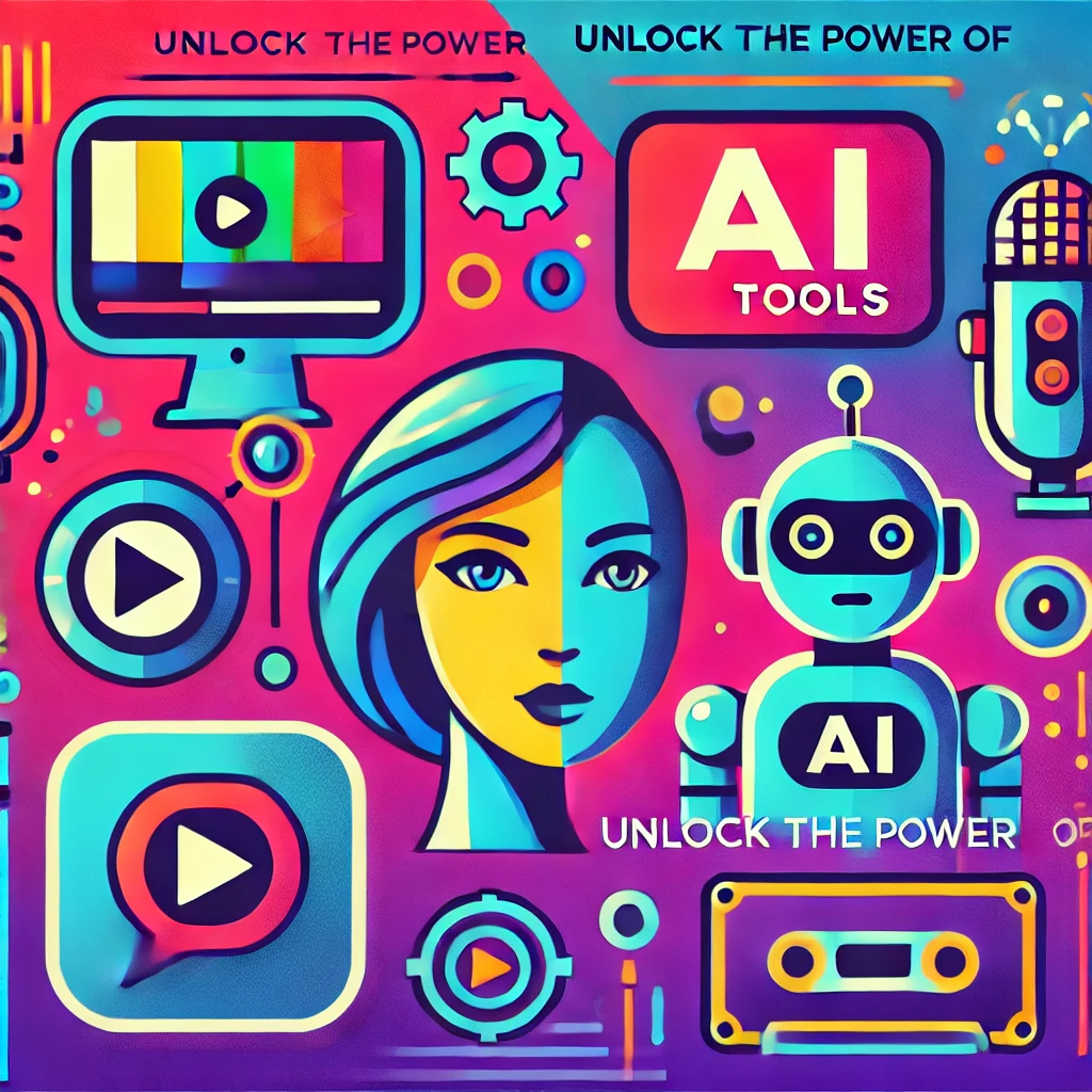 DALL·E 2024 11 22 20.50.36 A vibrant and modern design featuring icons or representations of four AI tools video editing, chatbot, AI generated avatars, and text to speech tech