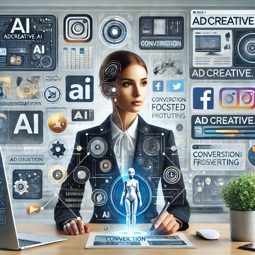 DALL·E 2024 11 29 16.19.45 A modern and professional featured image for a blog about AdCreative.ai, an AI powered platform for generating conversion focused advertising content